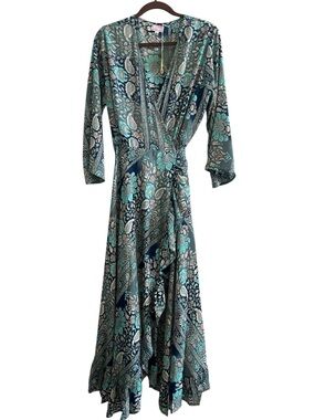 Cienna Bohemian Navy Blue and Teal Floral Wrap Maxi Dress - Size XL
